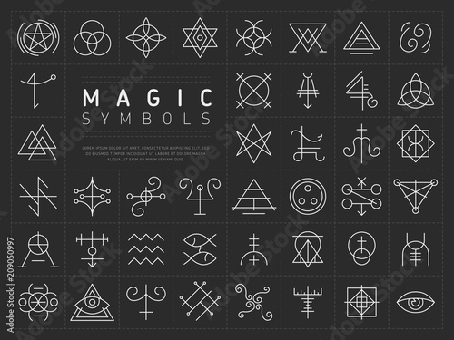 Vector collection of various simple linear white symbols od magic craft on dark gray background