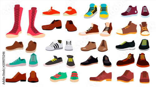 Footwear Set Vector. Fashionable Shoes. Boots. For Man And Woman. Web Icon. Flat Cartoon Isolated Illustration