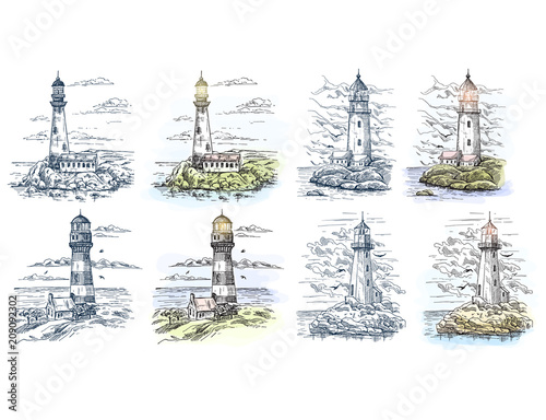 Sketches of lighthouse for sea or ocean banner