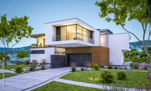 3d rendering of modern house by the river at evening