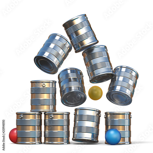 Falling tin cans and three balls 3D