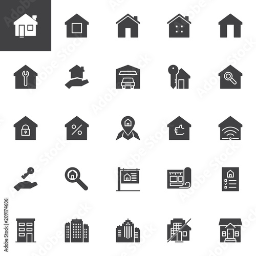 Real estate vector icons set, modern solid symbol collection, filled style pictogram pack. Signs, logo illustration. Set includes icons as House, Home, Office buildings, Mortgage, Blueprint, For sale