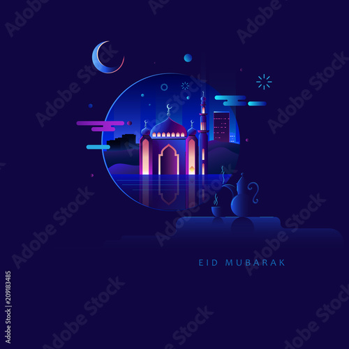 Eid Mubarak Greeting Card in Arabic illustration in a contemporary style specially for Eid time greeting cards