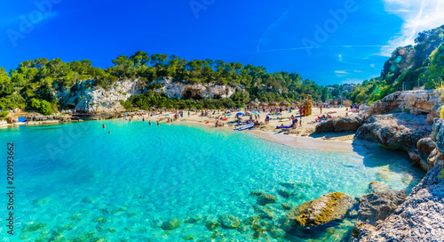Scene of Cala Llombards beach, with turquoise clean water in Mallorca Balearic islands in Spain