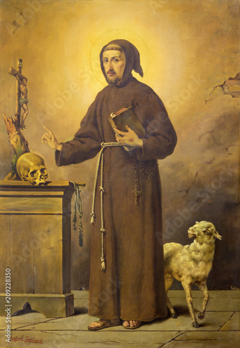 REGGIO EMILIA, ITALY - APRIL 12, 2018: The painting of St. Francis of Assisi in church Chiesa dei Cappuchini by Raffaele Gagliardi from 20. cent.
