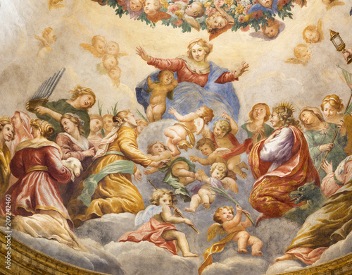PARMA, ITALY - APRIL 15, 2018: The fresco of Assumption of Virgin Mari in side cupola of church Chiesa di Santa Cristina by Filippo Maria Galletti (1636 - 1714)