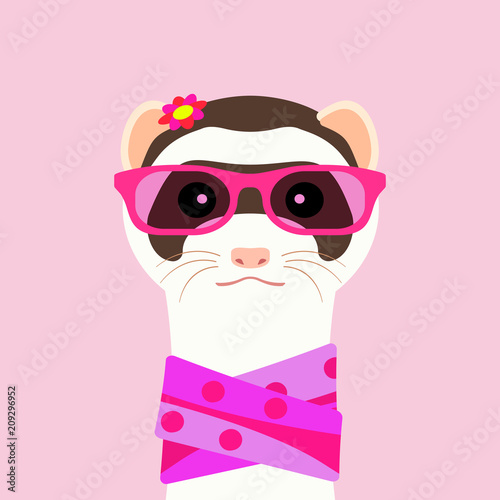 Ferret girl portrait with pink glasses and scarff. Vector illustration.