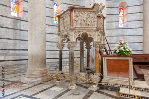 Pisa Baptistery interior with Nicola Pisano Pulpit Piazza dei Miracoli Piazza del Duomo Pisa Tuscany Italy