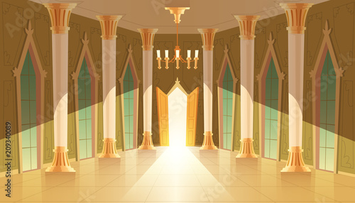 Vector castle hall, interior of ballroom for dancing, presentation or royal reception. Big room with chandelier, closed windows. Open door, light illuminates columns, pillars in luxury medieval palace