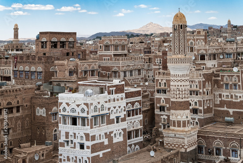 Multi-storey traditional buildings made of stone in Sanaa, Yemen