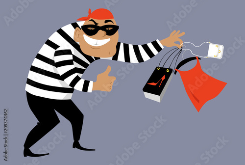 Criminal in a mask selling counterfeit goods, EPS 8 vector illustration