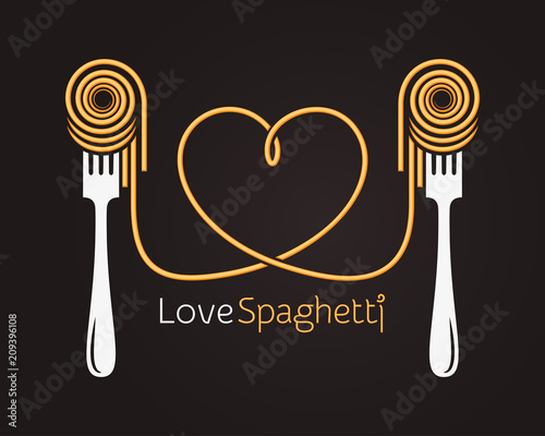 Love spaghetti concept. Pasta with fork on black background