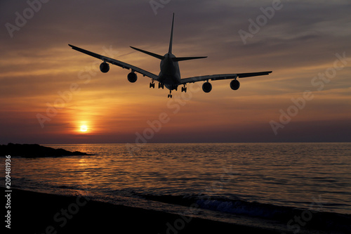 Airplane in the sky. Copy space of business summer vacation and travel adventure concept. Airplane sky and sunshine 