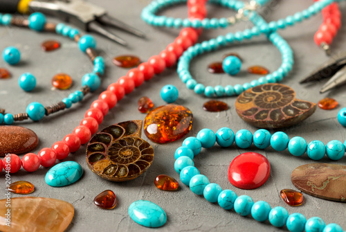 Ammonite,tools, beads, accessories for making jewelry. Needlework.