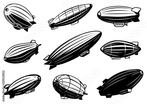 Set of air balloons, zeppelin. Design element for poster, card, emblem, sign, banner.