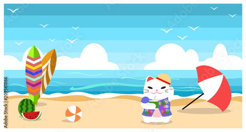 Summer beach background with surfboard, watermelon, ball, unbrella and cat drink coconut at seaside, flat design cartoon style.