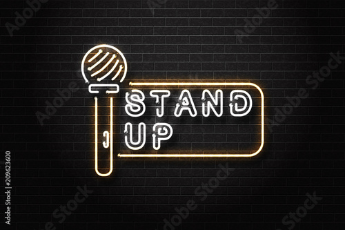 Vector realistic isolated neon sign of stand up logo for decoration and covering on the wall background. Concept of comedy show and perfomance.