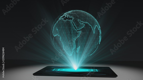 World map projection futuristic holographic display tablet hologram technology