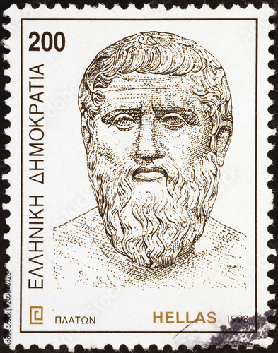 Statue of philosopher Plato on greek postage stamp