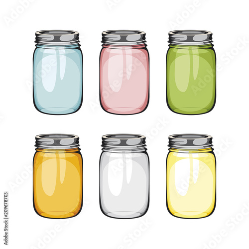Set of mason glass jar. ball. Empty glass jar in difrent colours with handle.