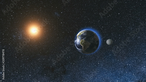 Sunrise view from space on Planet Earth and Moon rotating in space against the background of the star sky and the Sun. Seamless loop. Astronomy and science concept. Elements of image furnished by NASA