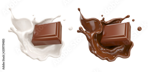 chocolate pieces falling on chocolate sauce and Milk cream splash 3d illustration.