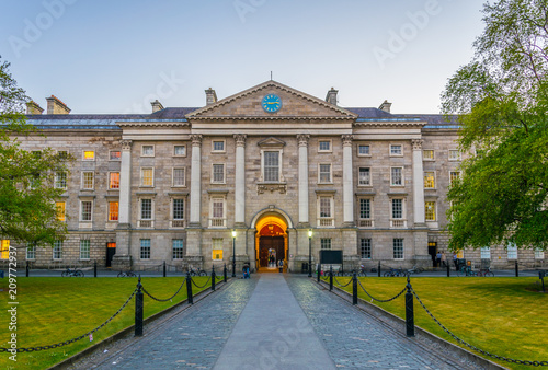 View of a building on the parliament square inside of the trinity college campus in Dublin, Ireland