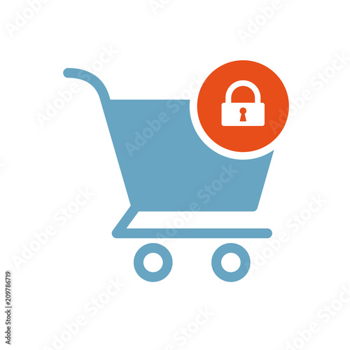 Shopping cart icon, commerce icon with padlock sign. Shopping cart icon and security, protection, privacy symbol