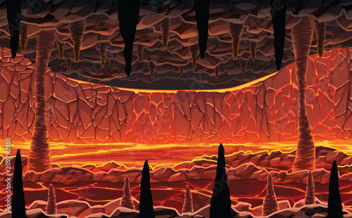 Background of landscape - infernal hot cave with lava.