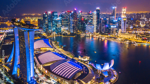 Aerial top view Singapore city skyline.