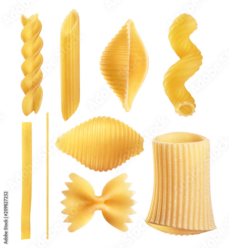 Raw Italian pasta fettuccine, amorini, paccheri, farfalle, spaghetti, fusilli, penne, conchiglie isolated on a white background.