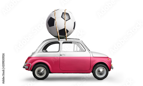 Poland flag on car delivering soccer or football ball isolated on white background