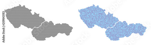 Pixelated Czechoslovakia map version. Vector territory schemes in black color and cold blue color tones. Abstract collage of Czechoslovakia map constructed from spheric dot matrix.