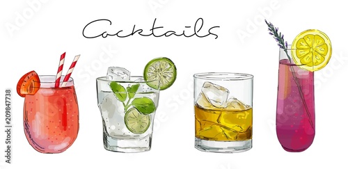 Hand drawn illustration of set of cocktails.