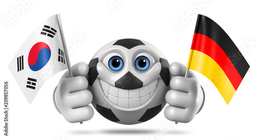 3d rendering. A cheerful soccer ball character holds two flags of Korea and Germany on a white background.