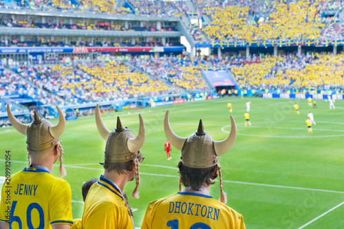 Fans of the Swedish national team cheer for their team.