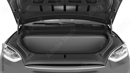 Empty electric car front trunk with folded rear seats A lot of space 3d render