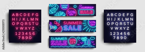 Summer Sale Neon collection horizontal Banner Vector. Advertising banner in modern trend design, neon style, bright night advertising Summer discount, design template. Vector. Editing text neon sign