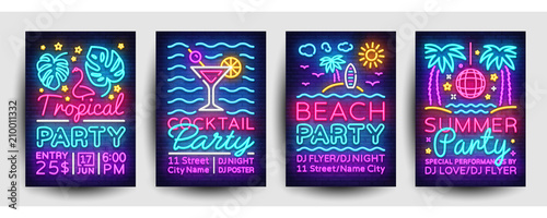 Summer party posters collection neon vector. Summer party design template, bright neon brochure, modern trend design, light banner, typography invitation to the party, advertising postcard. Vector