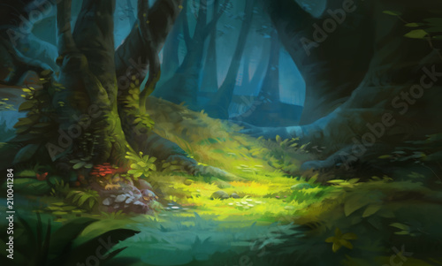 Game Art Fantasy Forest Environment. Digital CG Artwork, Concept Illustration, Realistic Cartoon Style Scene Design