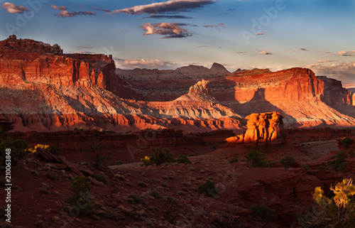 Glorious sunset on the rock formations of Capitol Reef National Park in Utah , USA.