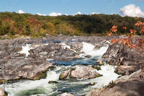 Potomac River. Rapids and Waterfalls. Landscape with River,Trees and Blue Sky.