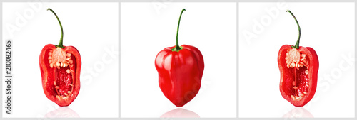 Red Habanero pepper, half of red Habanero pepper, slice, isolated on white background with drop shadow. Collage of set photos.