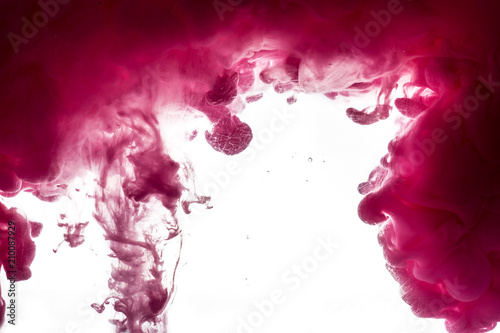 Macro photo of a pink purple coracles in water from blue smoke clubs isolated on white background Fashionable abstract texture background with place for text