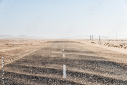 Sand Storm Across Lonely Desert Road in Southern Namibia taken in January 2018