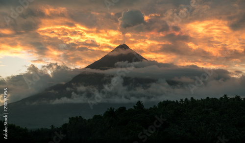 Mt. Mayon Volcano Shooting a Plume of Smoke at Sunset - Albay, Philippines