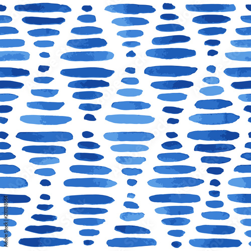 Hand painted lined rhombuses background in blue. Seamless vector pattern