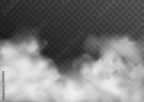 Wektor realistyczny dym, mgła lub mgła przezroczysty efekt na białym tle na ciemnym tle