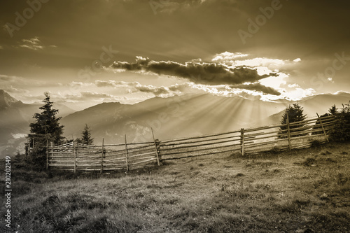 Sonnenstrahlen der untergehenden Sonne im sepia Farbton