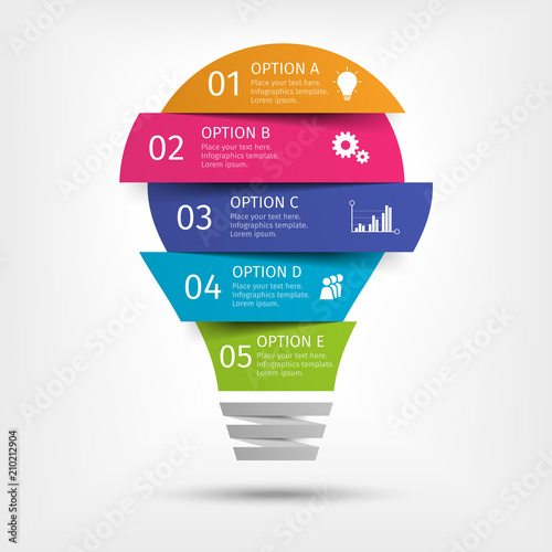 Modern colorful light bulb infographics. Business startup idea lamp concept with 5 options, parts, steps or processes. Template for presentation, chart, graph. Vector illustration.